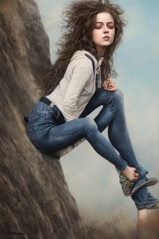 Prompt: a stunning ultra realistic fine art painting of a teenage female rock climber wearing jeans, by tom bagshaw, studio portrait, muted colors, detailed hair, 4K