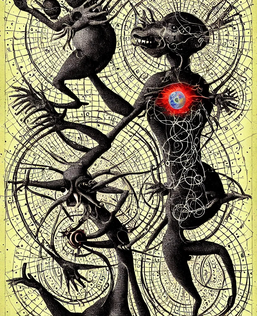 Image similar to whimsical freaky creature sings a unique canto about'as above so below'being ignited by the spirit of haeckel and robert fludd, breakthrough is iminent, glory be to the magic within, cosmic collage by ronny khalil