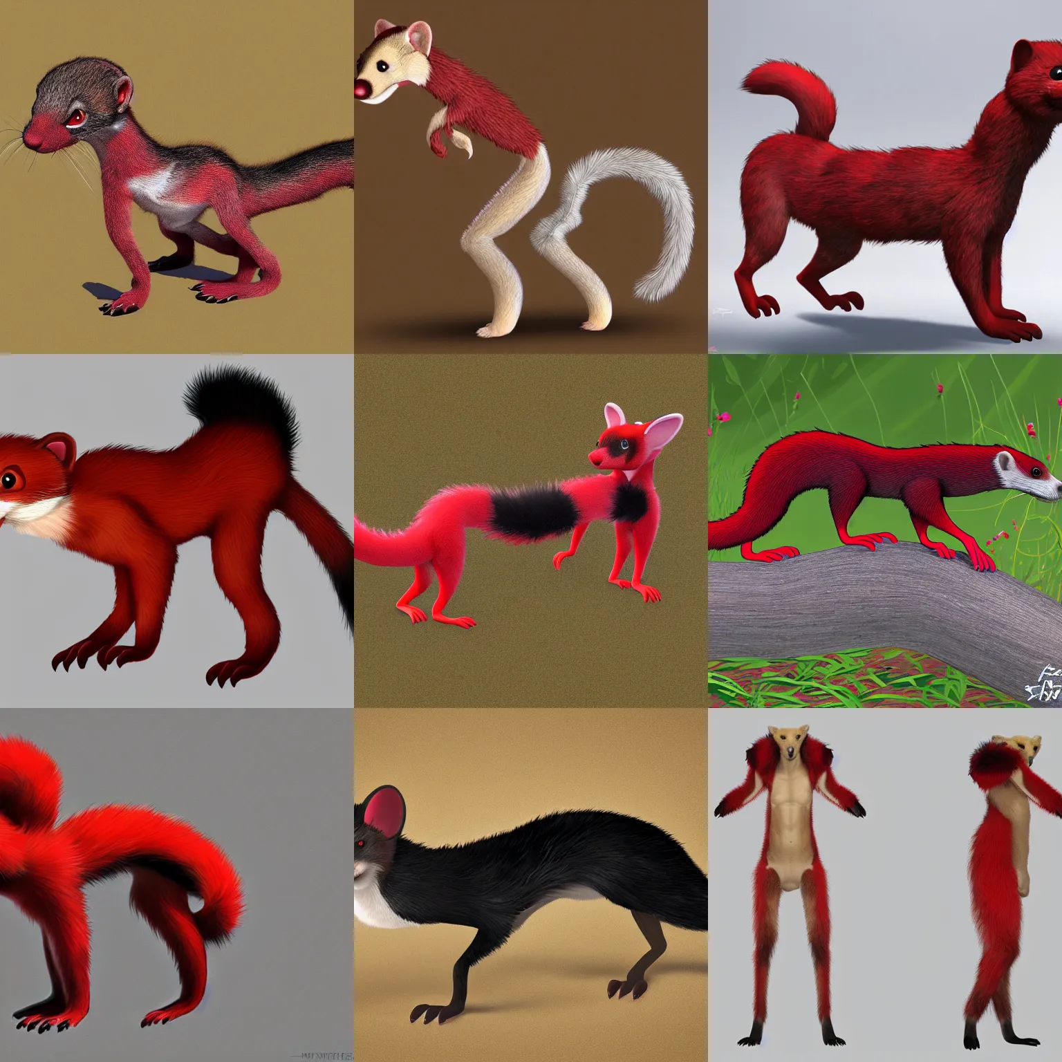 Prompt: photorealistic male body weasel furry ( red & black ) fursona, attached tail