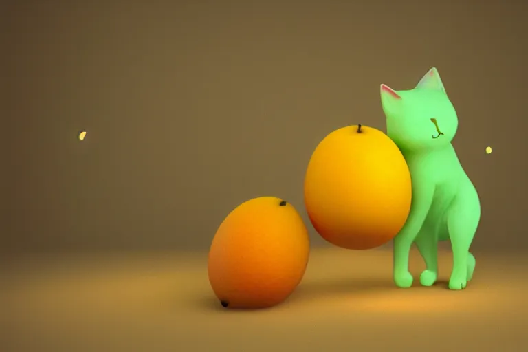 Image similar to a cute cat as mango fruit, misty, glows, blender render, hazy, foggy, green lighting,