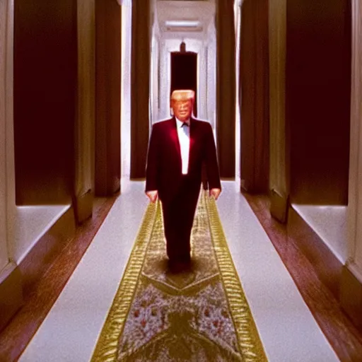 Image similar to still photo of donald trump in “ the shining ” movie