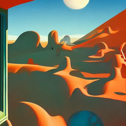 Prompt: pop-surrealist landscape painting, very nice colors, lights and shadows, very coherent, painted by Edward Hopper, Wayne Barlowe, painted by James Gilleard, airbrush, art by JamesJean
