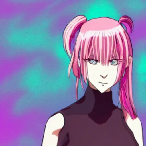 Prompt: pink haired anime woman in her 3 0 s looking at the camera with her arms crossed, motion blur, holographic,