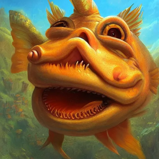 Image similar to fish - pig creature, oil painting by justin gerard