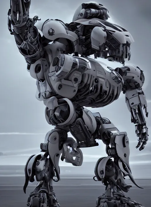 Image similar to a Photorealistic dramatic hyperrealistic render of a futuristic exosuit warrior Mech,Ultra realistic details,glossy white metal by Vitaly Bulgarov and Mike Nash,Beautiful dramatic dark moody tones and lighting,cinematic atmosphere,studio lighting,shadows,dark background, Octane render,8K