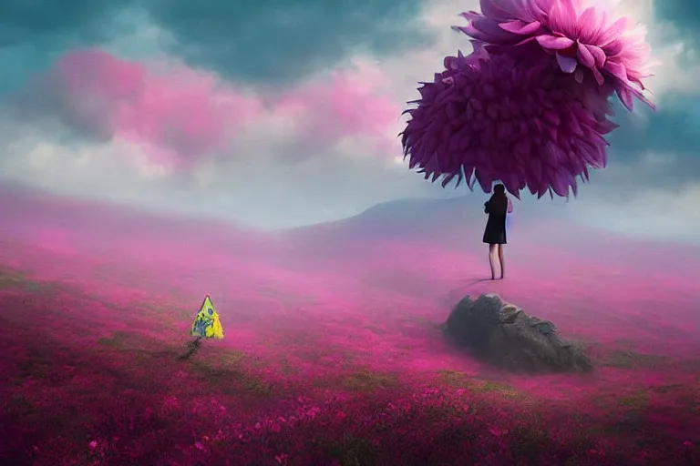 Image similar to giant dahlia flower on face, girl walking on mountain, surreal photography, pink storm clouds, dramatic light, impressionist painting, digital painting, artstation, simon stalenhag