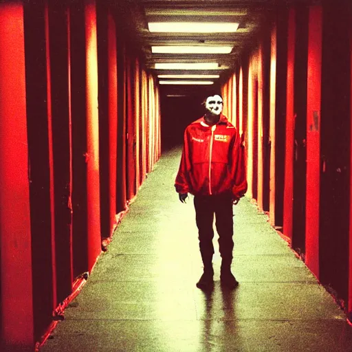 Prompt: polaroid portrait of a ghots in red clothes, staying in concrete corridor, dark, moody, scary, paranoid