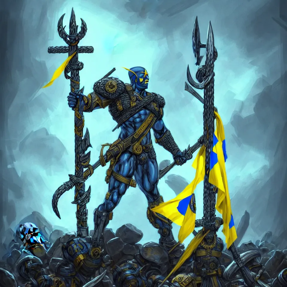 Image similar to a distant shot of one!!!!! single super soldier with blue and yellow flag and a trident symbol standing alone on a huge pile of skulls as a winner, masculine figure, D&D, fantasy, intricate, elegant, highly detailed, extremely detailed, digital painting, artstation, concept art, matte, smooth, sharp focus, illustration, art by Artgerm and Greg Rutkowski and Alphonse Mucha
