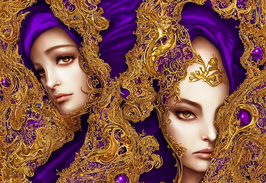 Image similar to a beautiful woman wearing a white niqab made of silk with golden jewelry and diamonds by alex gray and android jones, ornate purple background, karol bak, ayami kojima, arabian, concept art, fantasy,