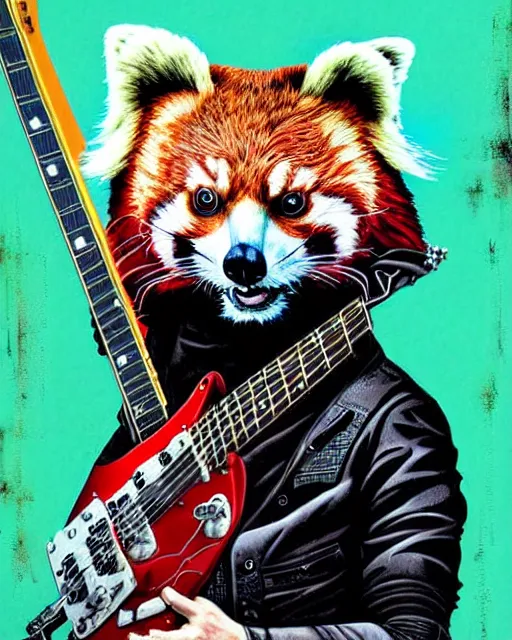 Image similar to a portrait of an anthropomorphic cyberpunk red panda shredding an electric guitar by sandra chevrier, by jon foster, detailed render, electric guitar, epic composition, cybernetics, 4 k realistic, cryengine, realistic shaded lighting, sharp focus, masterpiece, by enki bilal