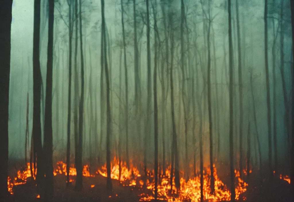 Image similar to lomo photo of a large burning forest in horizon, cinestill, bokeh, out of focus, night, dramatic lighting