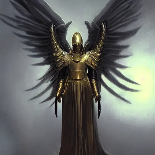 Image similar to golden heavy armored angel, wings made of light, metal halo, no face, hooded, gold, fantasy, concept art, digital art, ultra realistic, wayne barlowe