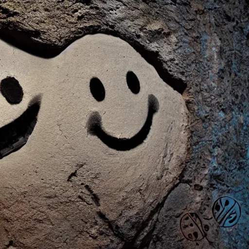 Prompt: smiley face emojis on cave wall, digital image, 8k