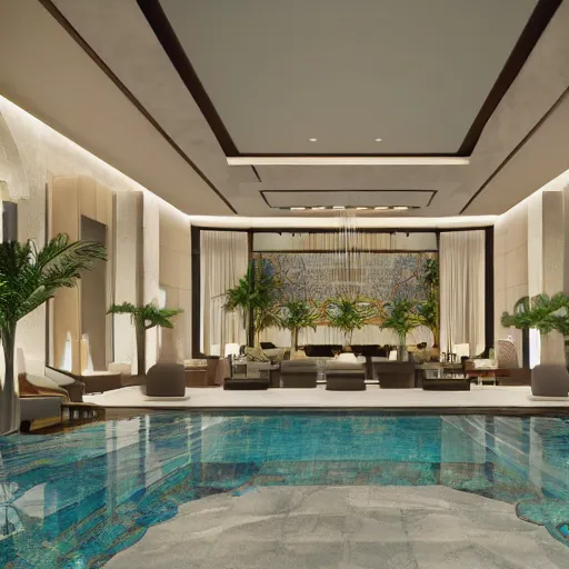 Prompt: realistic luxury hotel lobby interior in miami with pools in the background, 4 k, v - ray, detailed