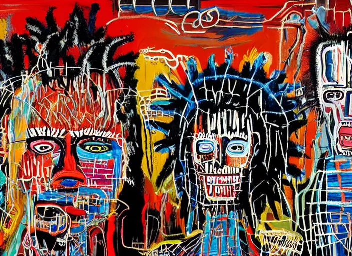 Image similar to jean-michel basquiat, david choe and alex gray painting, intricately highly detailed art piece