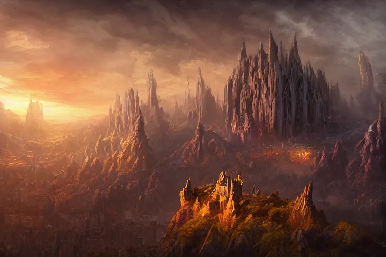 Prompt: high aerial shot, fantasy landscape, sunset lighting ominous shadows, cinematic fantasy painting, dungeons and dragons, a port city with an elvish fortress inspired by the syndey opera house by jessica rossier and brian froud and hr giger