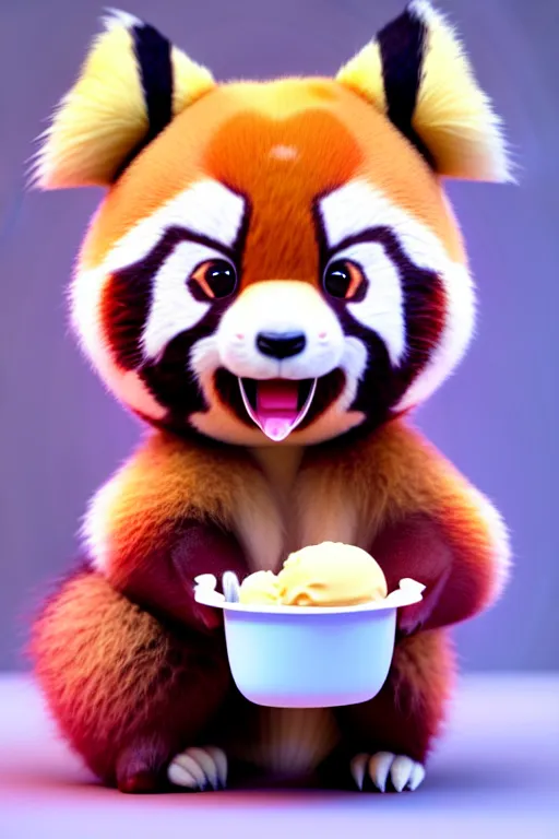 Prompt: high quality 3 d render hyperrealist very cute pastel happy red panda & koala hybrid stuffing mouth with ice cream, vray smooth, in the style of detective pikachu, very dramatic light, low angle, uhd 8 k, shallow depth or field