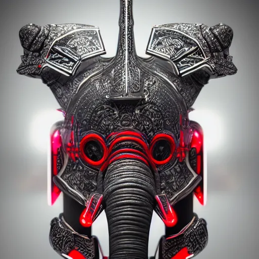 Image similar to never forget! futuristic elephant head, symmetrical, intricate black shaman ornaments, black oak patterns, iridescent reflection, mask big, mech mask, mecha - elephant, graphic design, black white grays and red color, subsurface scattering, cyberpunk, unreal engine, octane render