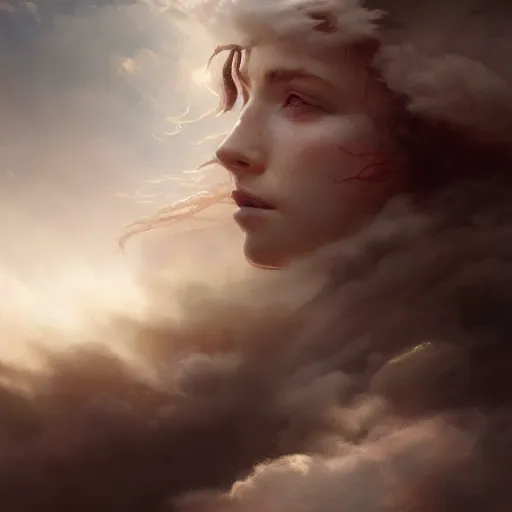 Image similar to a beautiful portrait of a wind goddess fading into the clouds by Greg Rutkowski and Raymond Swanland, Trending on Artstation, ultra realistic digital art