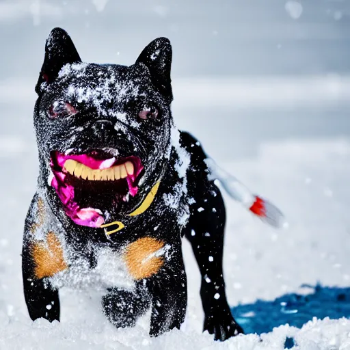 Image similar to detailed picture of a dog playing in the snow dressed as a fish 8 k