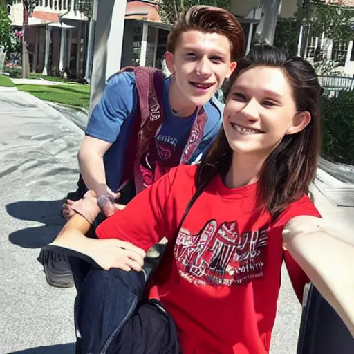 Image similar to Tom Holland wearing a Chapman University shirt with a Filipina college girl
