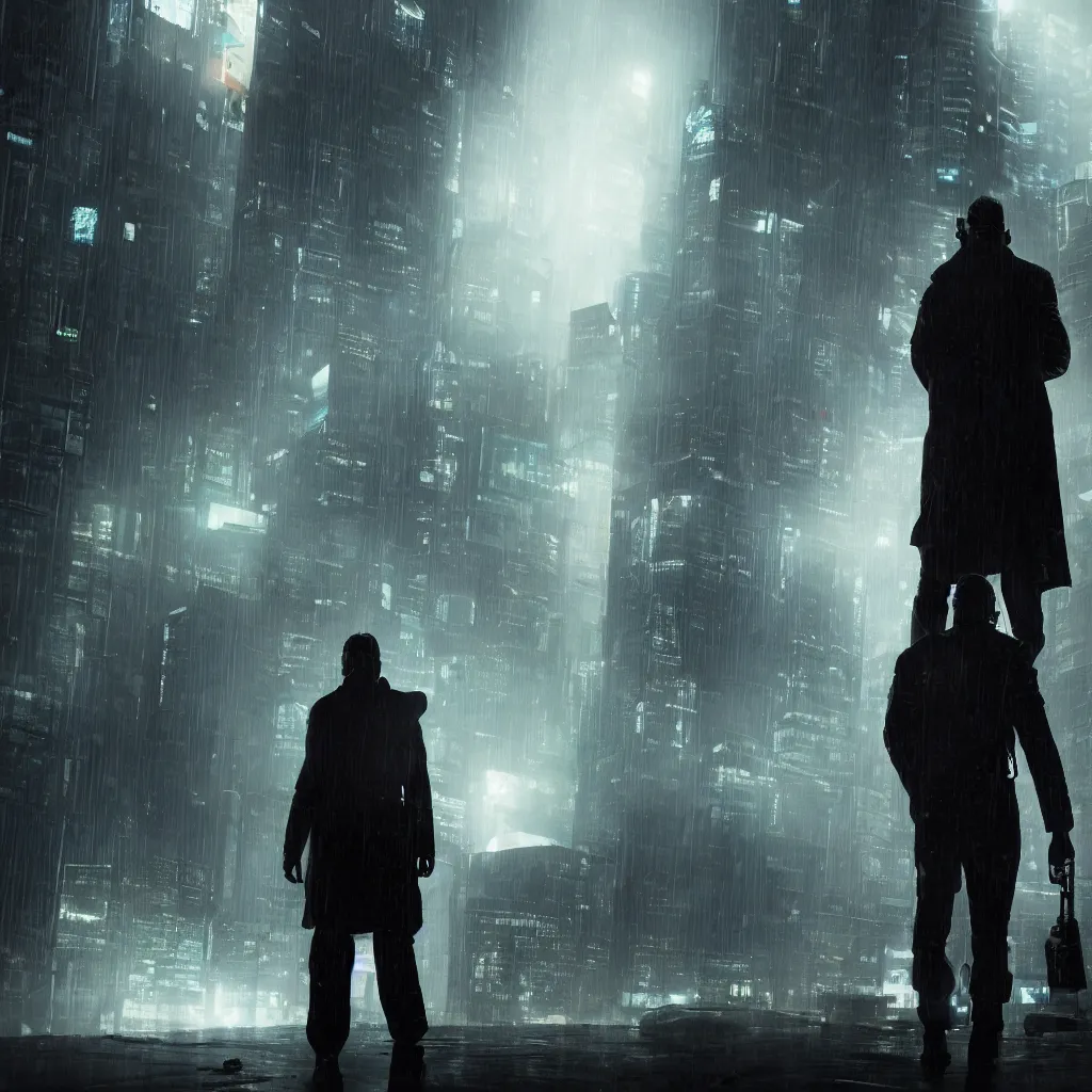 Prompt: Movie poster, cyberpunk, futuristic, technology, one detective in trench coat looking away from the camera, cinematic lighting, depth of field, highly detailed, volumetric fog, dark, moody, gritty