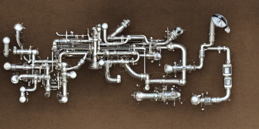 Image similar to mechanical diagram of an electronic trumpet made of silver, bone, pvc and miscellany