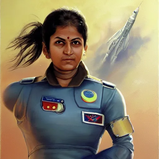 Image similar to a female space cadet from india, resting after a hard mission, happily tired, sci fi character portrait by Mark Arian