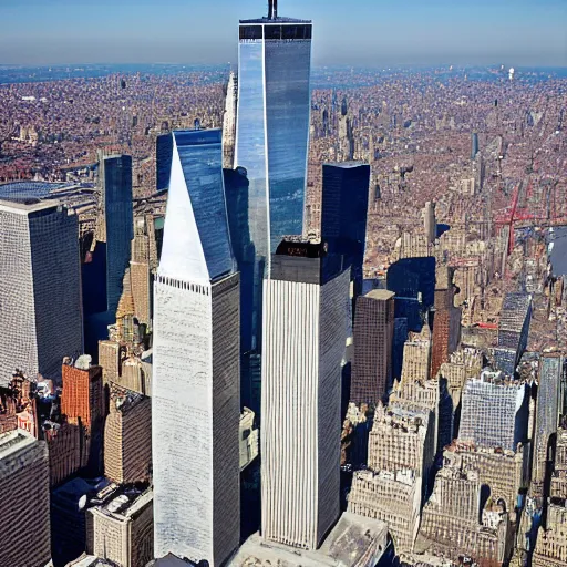 Image similar to World Trade Center twin towers, modern New York, high angle shot