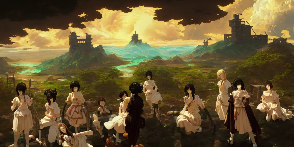 Image similar to baroque oil painting of key visual environment concept art, anime maids during the fall of the roman empire, brutalist fantasy, rule of thirds golden ratio, fake detail, trending pixiv fanbox, acrylic palette knife, style of makoto shinkai ghibli takashi takeuchi yoshiyuki sadamoto jamie wyeth james gilleard greg rutkowski chiho aoshima