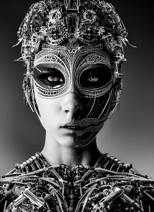 Prompt: a stunning young female crow - cyborg - human profile face, face is made intricate tribal bio - mechanical, editorial photography, bw, shot on 7 0 mm, depth of field, f / 2. 8, high contrast, 1 6 k, volumetric lighting, shiny, insanely detailed and intricate, hypermaximalist, elegant, ornate, hyper realistic, super detailed