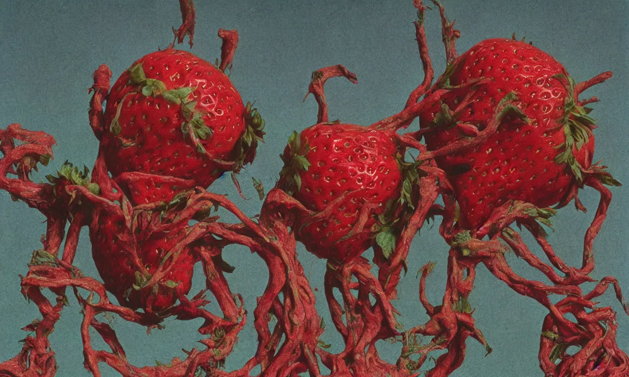 Image similar to a strawberry, body horror, by gerard brom, zdzisław beksinski and ansel adams technicolor photograph film still