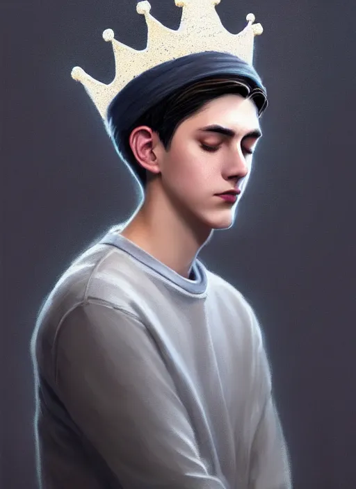 Image similar to portrait of teenage jughead jones wearing a light grey crown, photorealistic, crown, eyes closed, crown, black hair, intricate, elegant, glowing lights, highly detailed, digital painting, artstation, concept art, smooth, sharp focus, illustration, art by wlop, mars ravelo and greg rutkowski