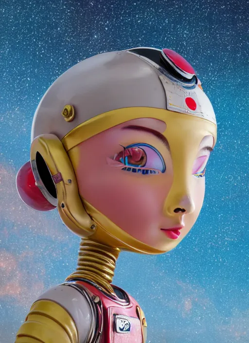 Image similar to closeup profile portrait of tin toy spacegirl astronaut, bikini, depth of field, zeiss lens, detailed, symmetrical, centered, fashion photoshoot, by nicoletta ceccoli, mark ryden, lostfish, breathtaking, 8 k resolution, extremely detailed, beautiful, establishing shot, artistic, hyperrealistic, octane render