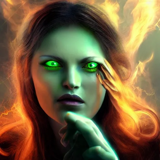 Prompt: 4k UHD photorealistic render beautiful sorceress with pale green eyes and fiery red hair summoning a demonic nightmare