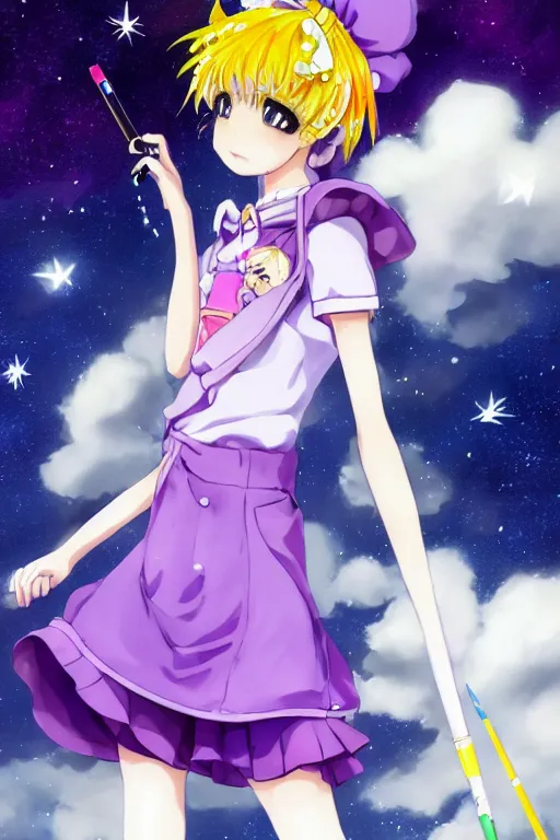 Prompt: A full body anime drawing of a magical girl holding a paintbrush with short blond hair and freckles wearing an oversized purple Beret, Purple overall shorts, jester shoes, and white leggings covered in stars. Surrounded by clouds and the night sky. Rainbow accents on outfit. Cardcaptor Sakura inspired. By Naoko Takeuchi. By CLAMP. By WLOP.