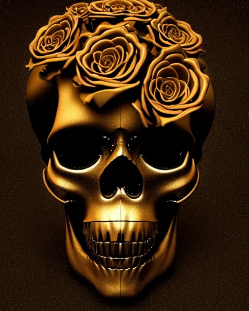 Image similar to detailed 3 d cycles render of a black dark skull skeleton with golden roses growing out of ribcage darkly elegant digital skull art by billelis and beeple