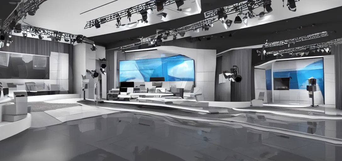 Image similar to super detailed v-ray render, news studio set, wide shot highly reflective light