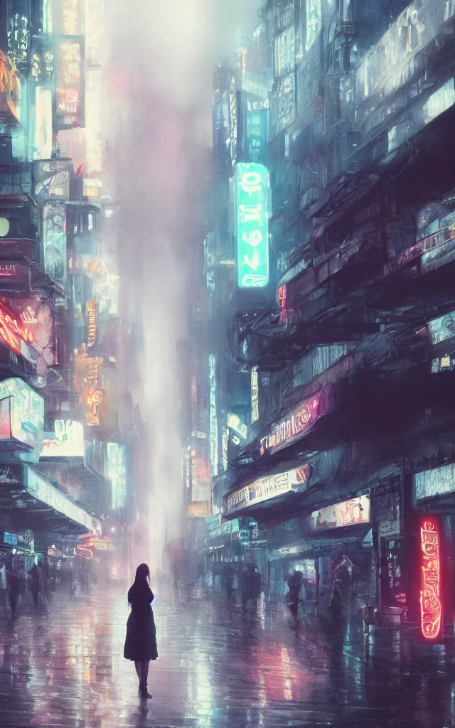 Prompt: girl wearing white dress holding umbrella in a busy market in a futuristic new york city, ghostpunk, neon advertisements, blade runner, fog, steam rising from street, futuristic car with bright neon lights, rain falling, highly detailed, smooth painting, muted colors, asymmetrical composition, directed by andrei tarkovsky, by tsutomu nihei, by greg rutkowski