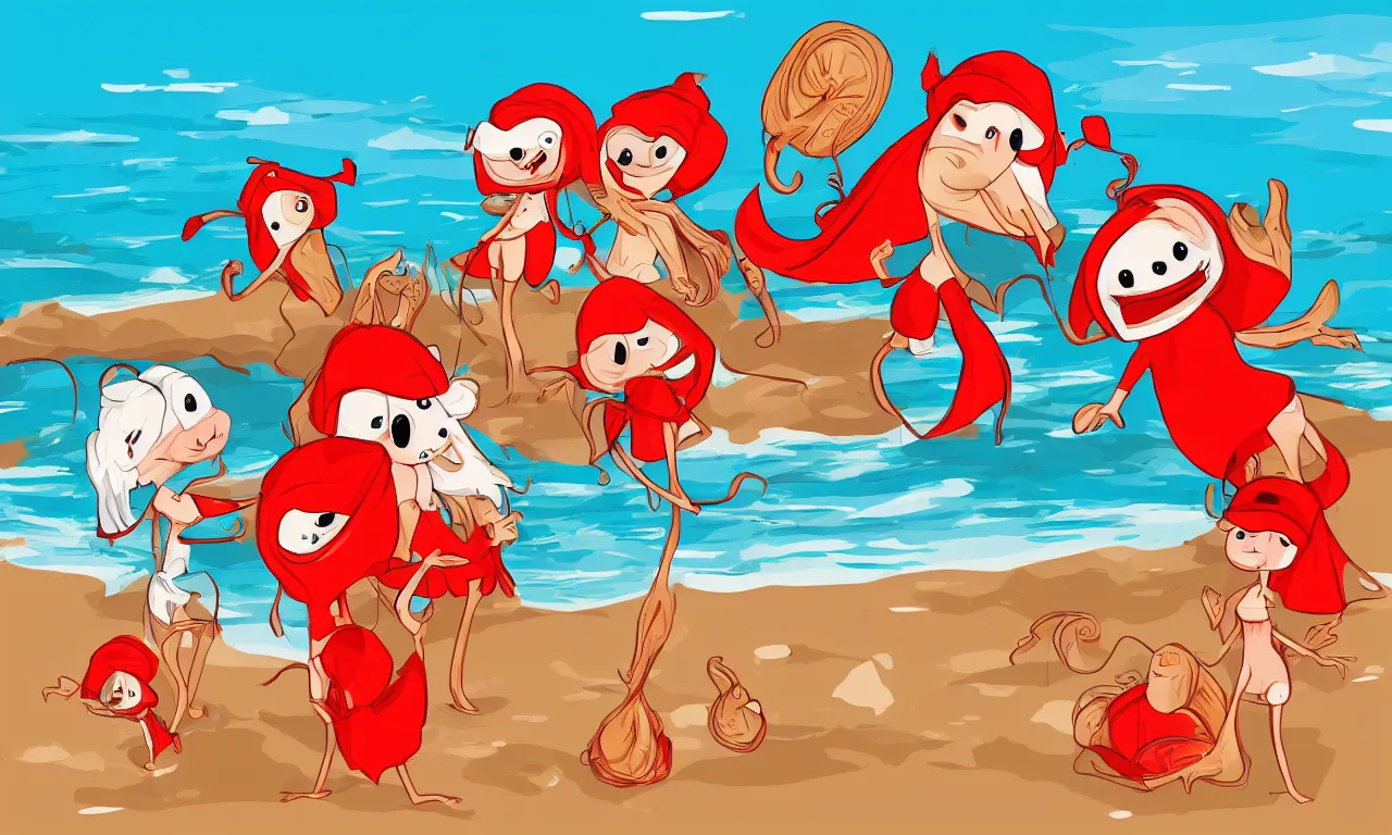 Prompt: a group of anthropomorphic red cute hermit on sandy beach, cartoon