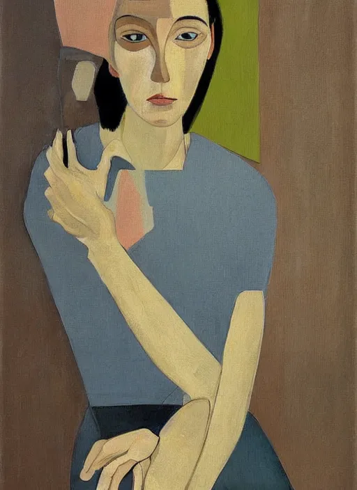 Image similar to a painted portrait of a modern women, art by felice casorati, aesthetically pleasing and harmonious natural colors, expressionism, natural light, fine day, portrait