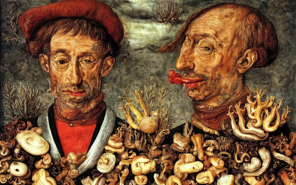 Image similar to giuseppe arcimboldo's portrait of captain jacques - yves cousteau made out of mushrooms fishes