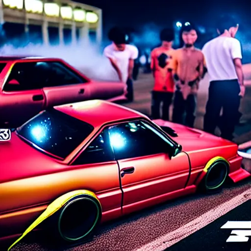 Image similar to a car S30 turbo drift at illegal car meet, Saitama prefecture, midnight mist lights, cinematic color, photorealistic, highly detailed wheels, highly detailed