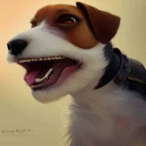 Image similar to adorable jack russel terrier laughing, fantasy art, artstation character design contest winner, trending on cgsociety, concept art, speedpaint, beautiful digital art, jesper ejsing, james jean, justin gerard, fenghua zhong, makoto shinkai, highly detailed