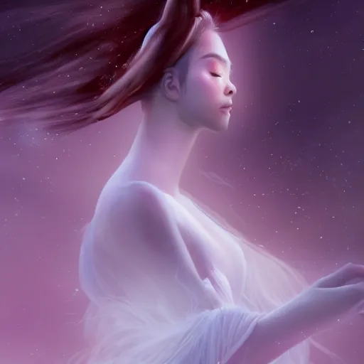 Image similar to a thin, pretty young Filipino woman with long hair floats dramatically in the air in a dreamy world in the distance, her face is shaded, very beautiful, inspiring, dramatic lighting, abstract digital art, trending on artstation