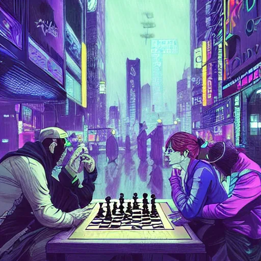 Cyberpunk chess board over cityscape