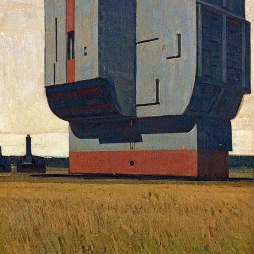 Image similar to A beautiful print of a giant machine with a human being inside of it. de stijl by Isaac Levitan forbidding