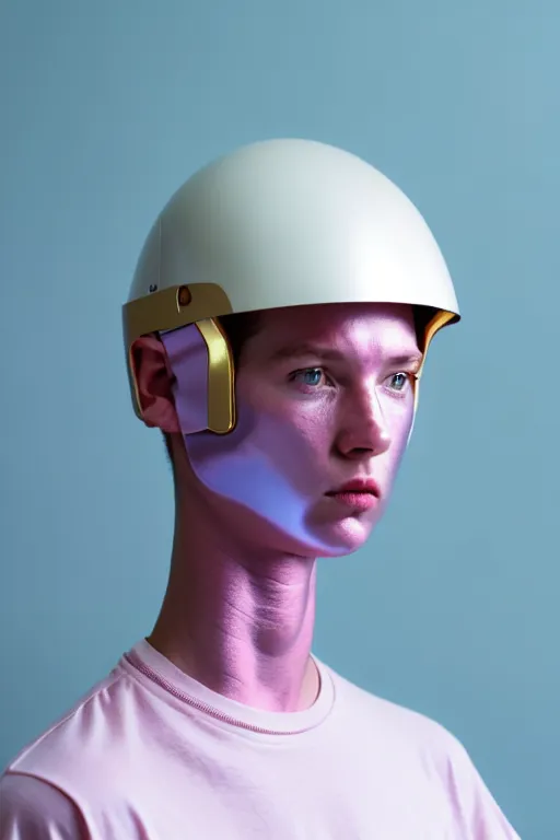 Image similar to a high definition film photograph of a normal androgynous robot human wearing a plain white t - shirt, in a pastel pink room. happy. metal visor covering eyes. metallic shiny gold coloured helmet. crushed shadows.