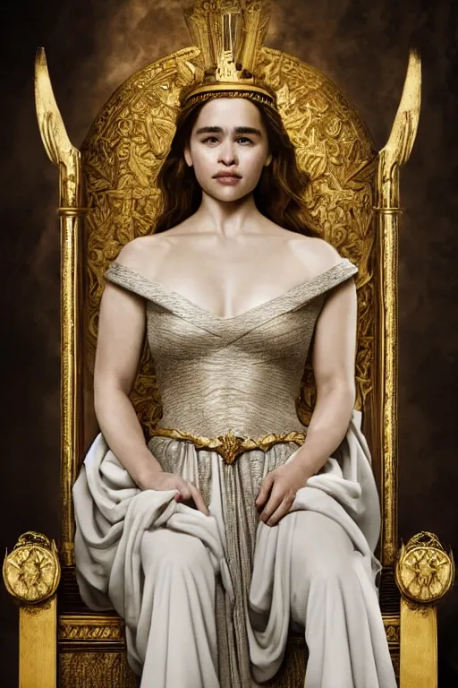 Prompt: Emilia Clarke as a Greek Goddess on a Throne