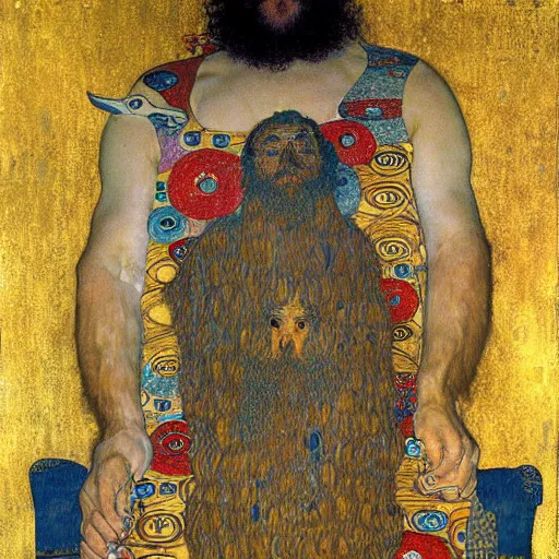 Image similar to by gustav klimt jaunty. a print of a mythological scene. large, bearded man seated on a throne, surrounded by sea creatures. he has a trident in one hand & a shield in the other. behind him is a large fish. in front of him are two smaller creatures.